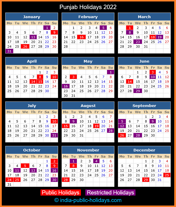 Punjab Holiday Calendar 2022